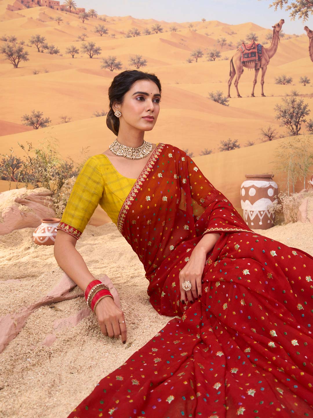 Red bandhani printed georgette saree wedding wear