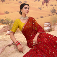 Red bandhani printed georgette saree wedding wear