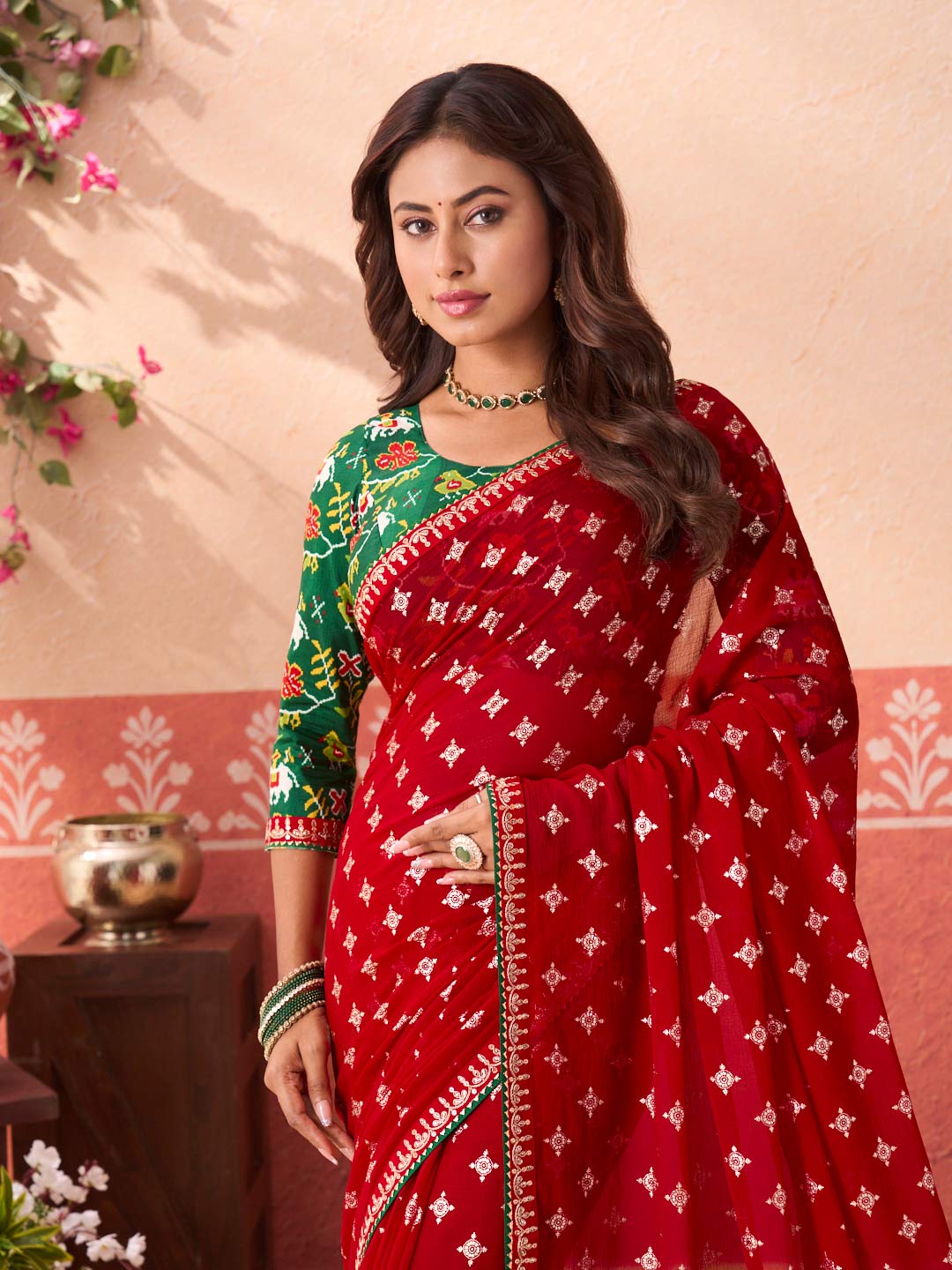 Red printed georgette saree casual wear