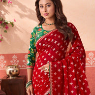 Red printed georgette saree casual wear