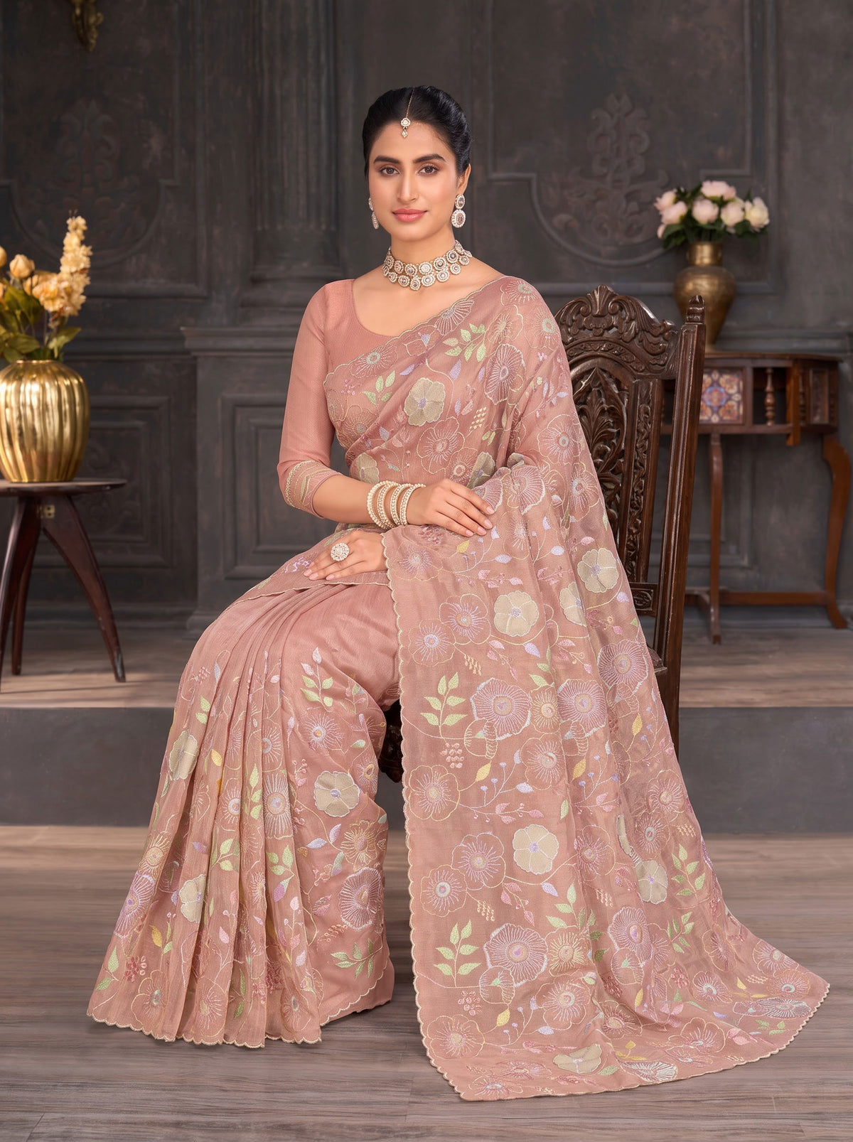Pink embroidered tissue organza saree ethnic wear