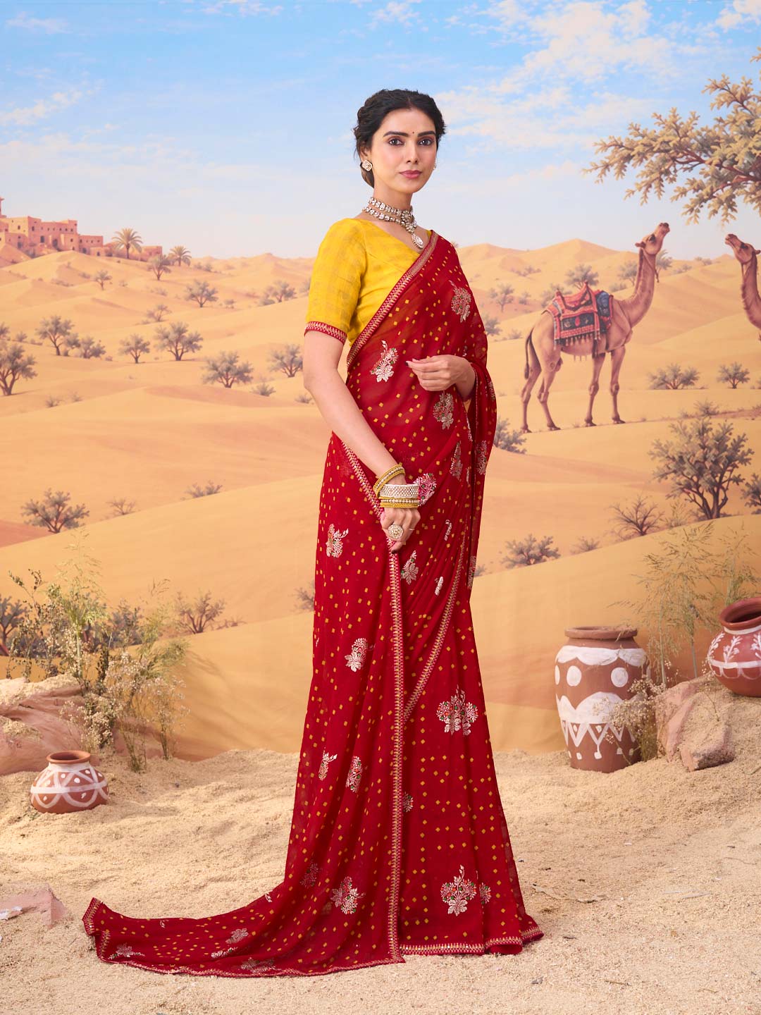 Red bandhani printed georgette saree casual wear