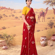 Red bandhani printed georgette saree casual wear