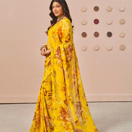 Mustard floral printed georgette saree party wear