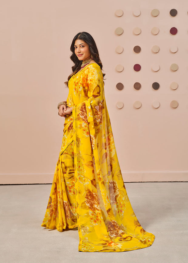 Mustard floral printed georgette saree party wear