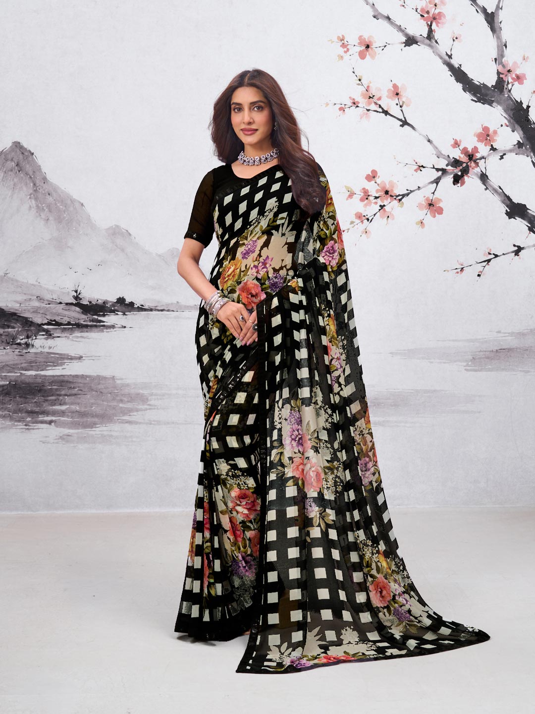 Black floral printed georgette saree party wear