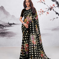 Black floral printed georgette saree party wear