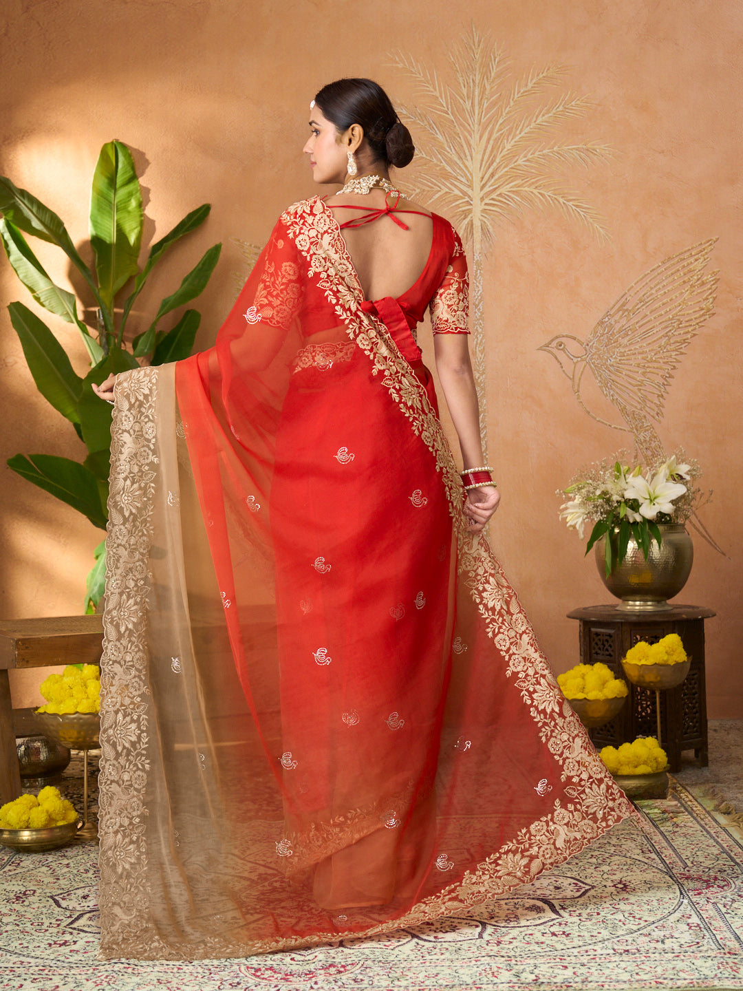 Red floral embroidered tissue organza saree party wear