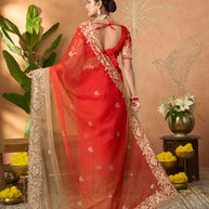 Red floral embroidered tissue organza saree party wear