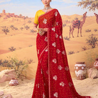 Red bandhani printed georgette saree festive wear