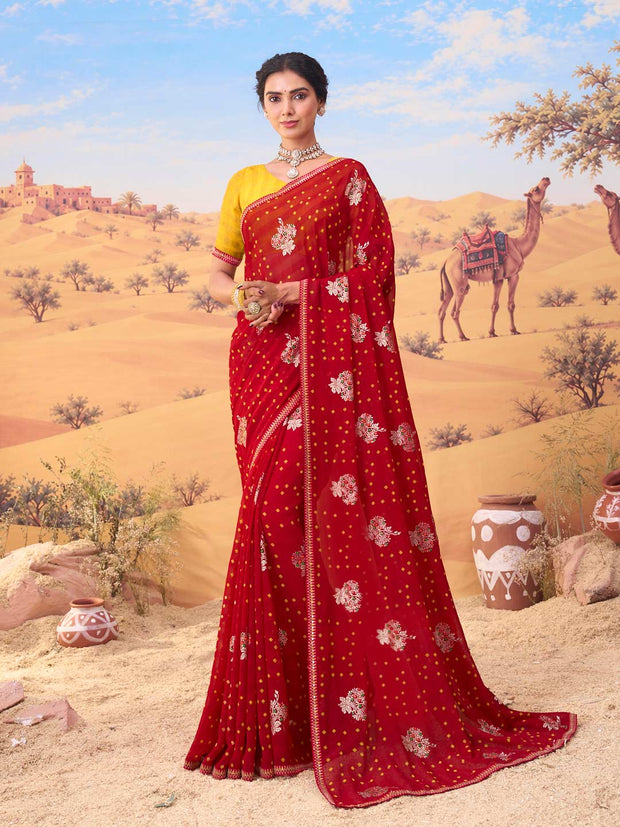 Red bandhani printed georgette saree festive wear