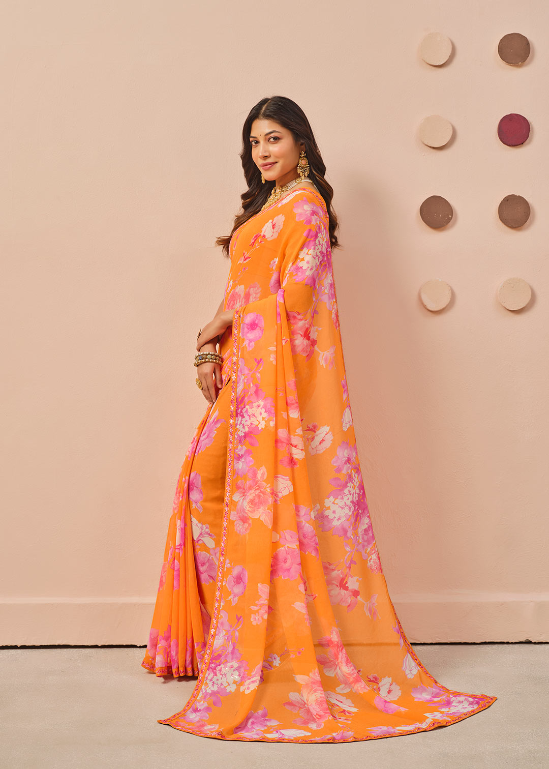 Orange floral printed georgette saree festive wear