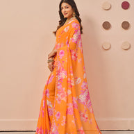Orange floral printed georgette saree festive wear