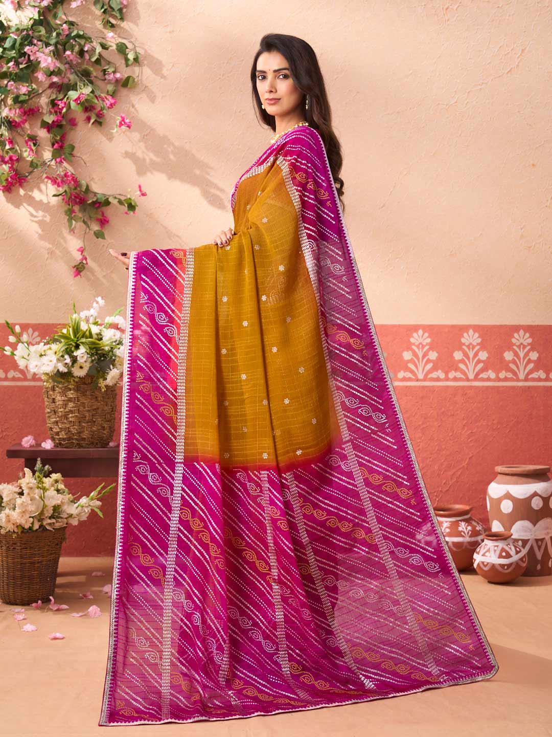Mustard printed silk blend saree festive wear