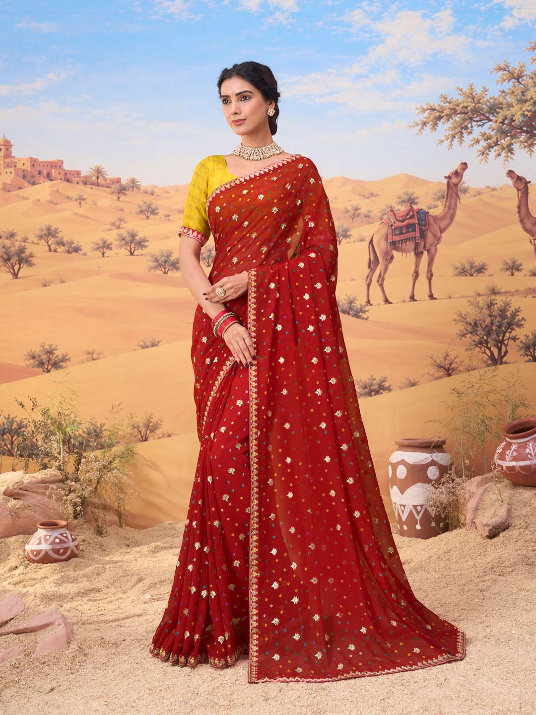 Red bandhani printed georgette saree festive wear