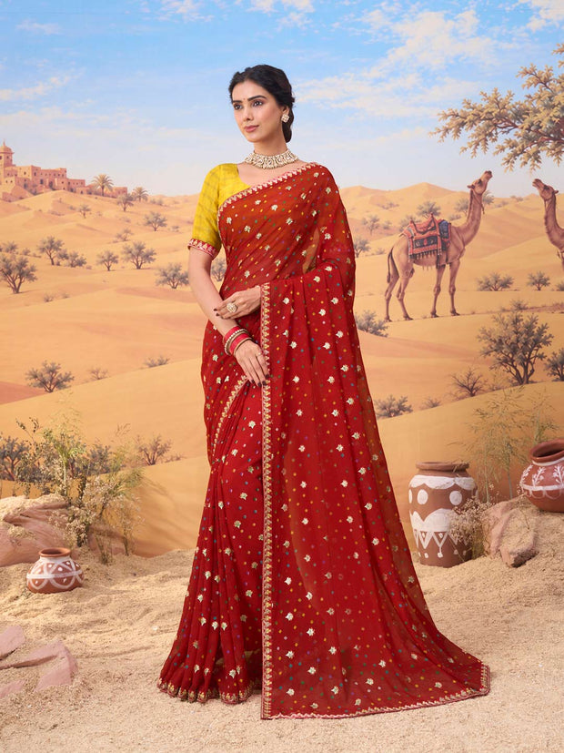 Red bandhani printed georgette saree festive wear