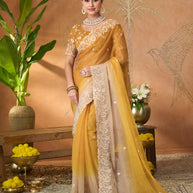 Mustard floral embroidered tissue organza saree festive wear