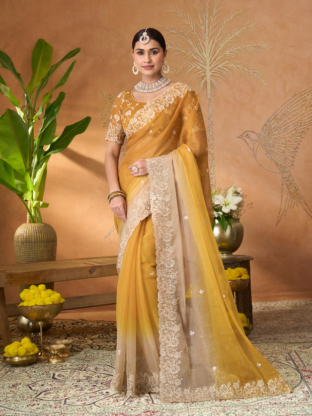 Mustard floral embroidered tissue organza saree festive wear