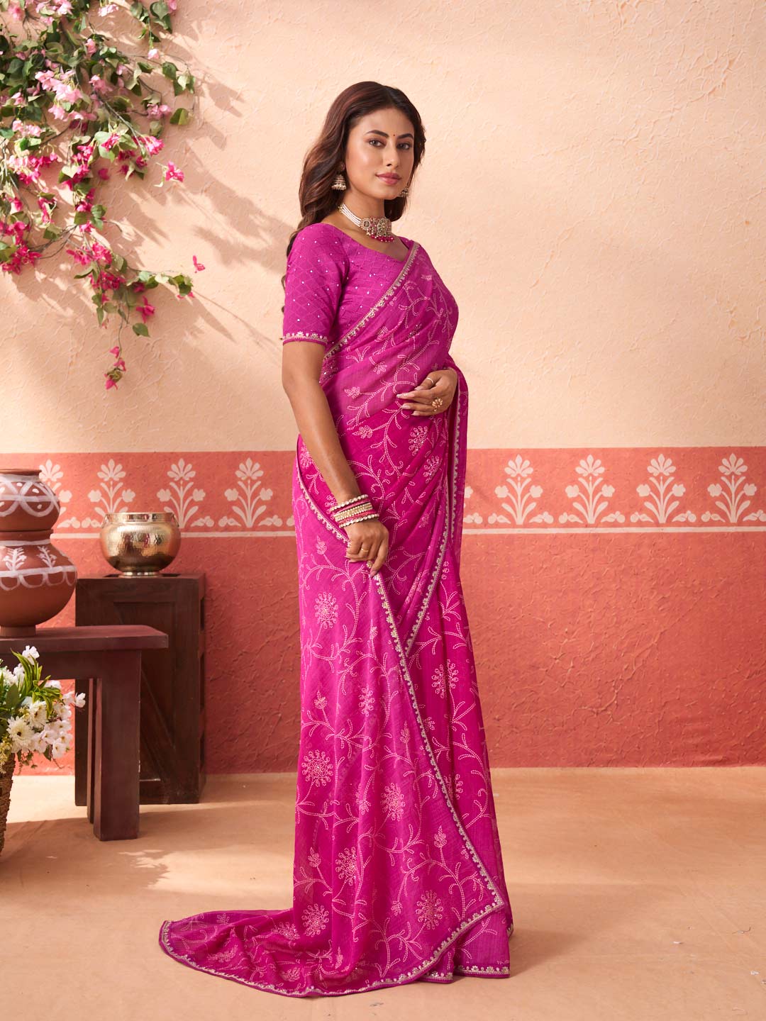 Pink floral printed chiffon saree casual wear