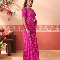 Pink floral printed chiffon saree casual wear