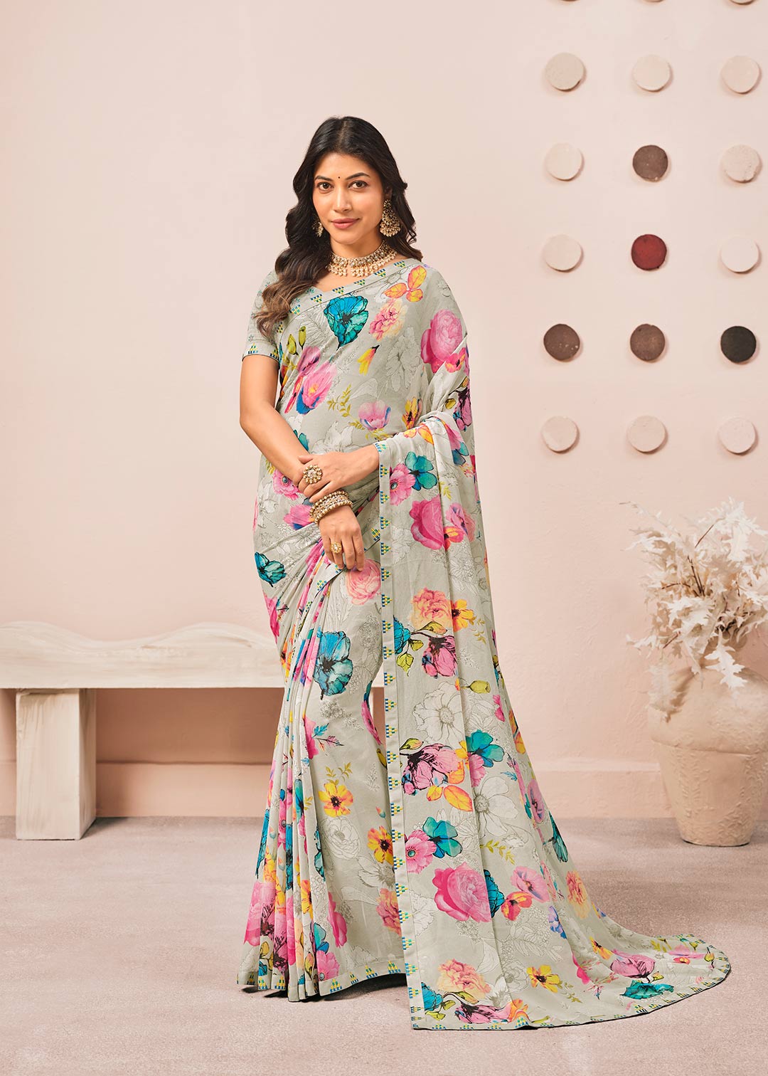 Grey floral printed georgette saree daily wear