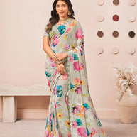 Grey floral printed georgette saree daily wear