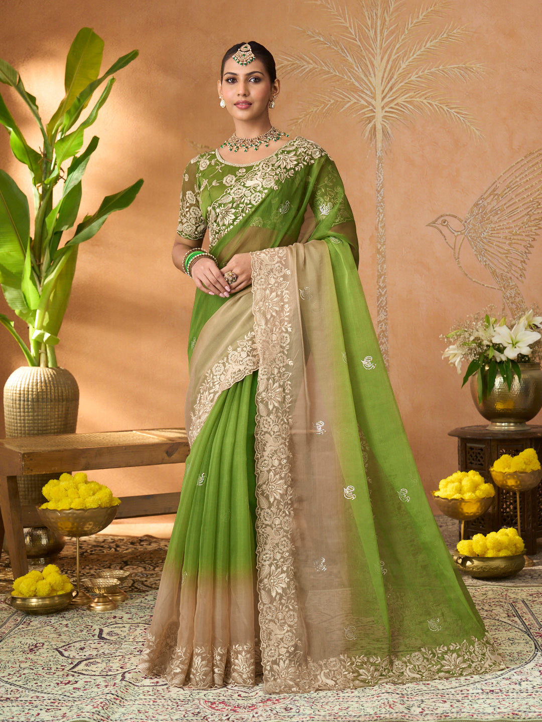 Green floral embroidered tissue organza saree festive wear