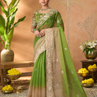 Green floral embroidered tissue organza saree festive wear