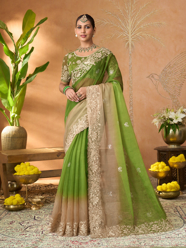 Green floral embroidered tissue organza saree festive wear