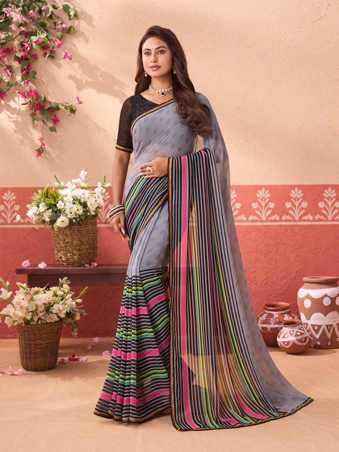 Grey geometric printed georgette saree festive wear