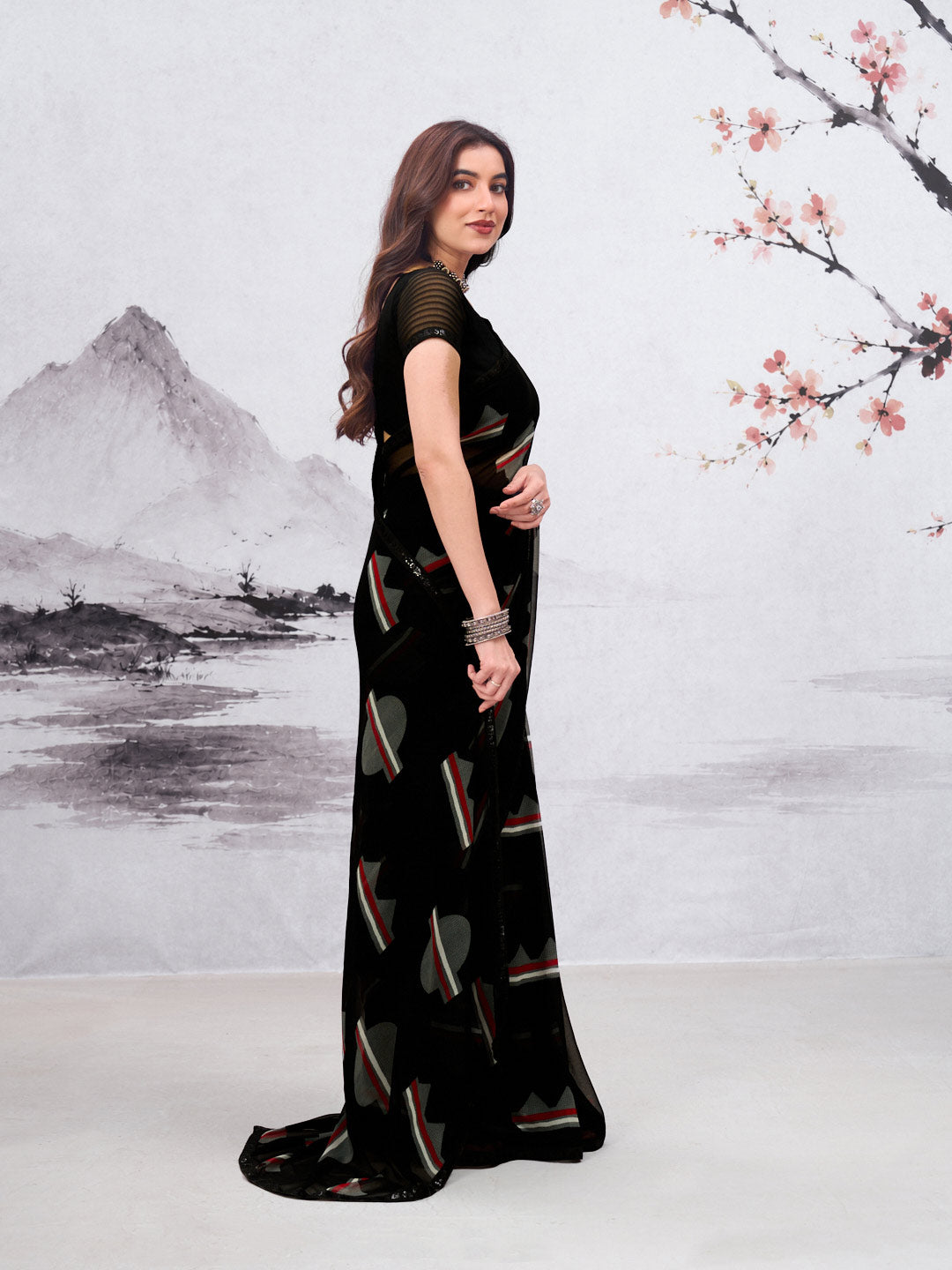 Black geometric printed georgette saree casual wear