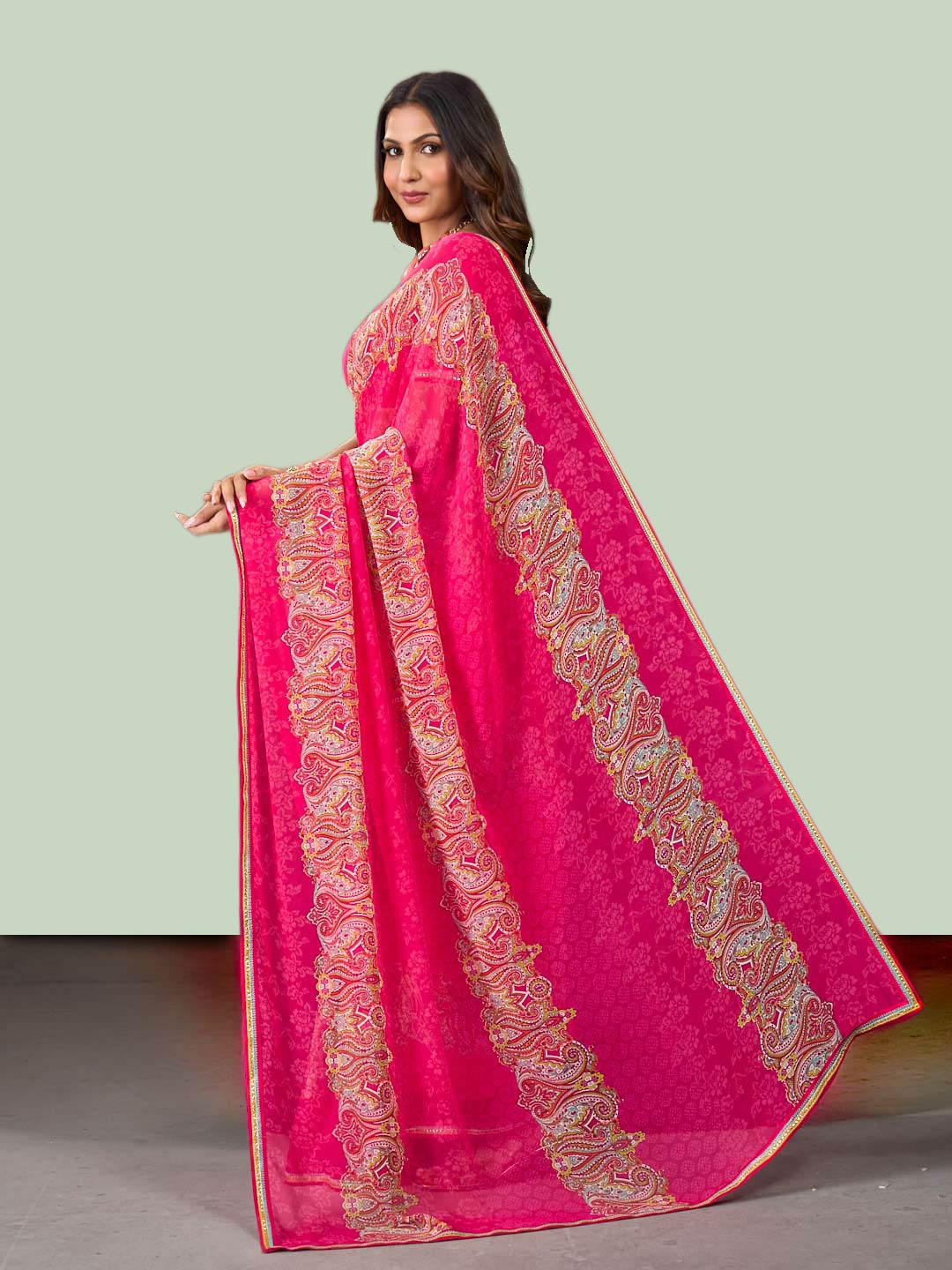 Laxmipati Rudramala Pink Georgette Floral Printed Saree