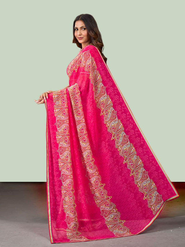 Laxmipati Rudramala Pink Georgette Floral Printed Saree