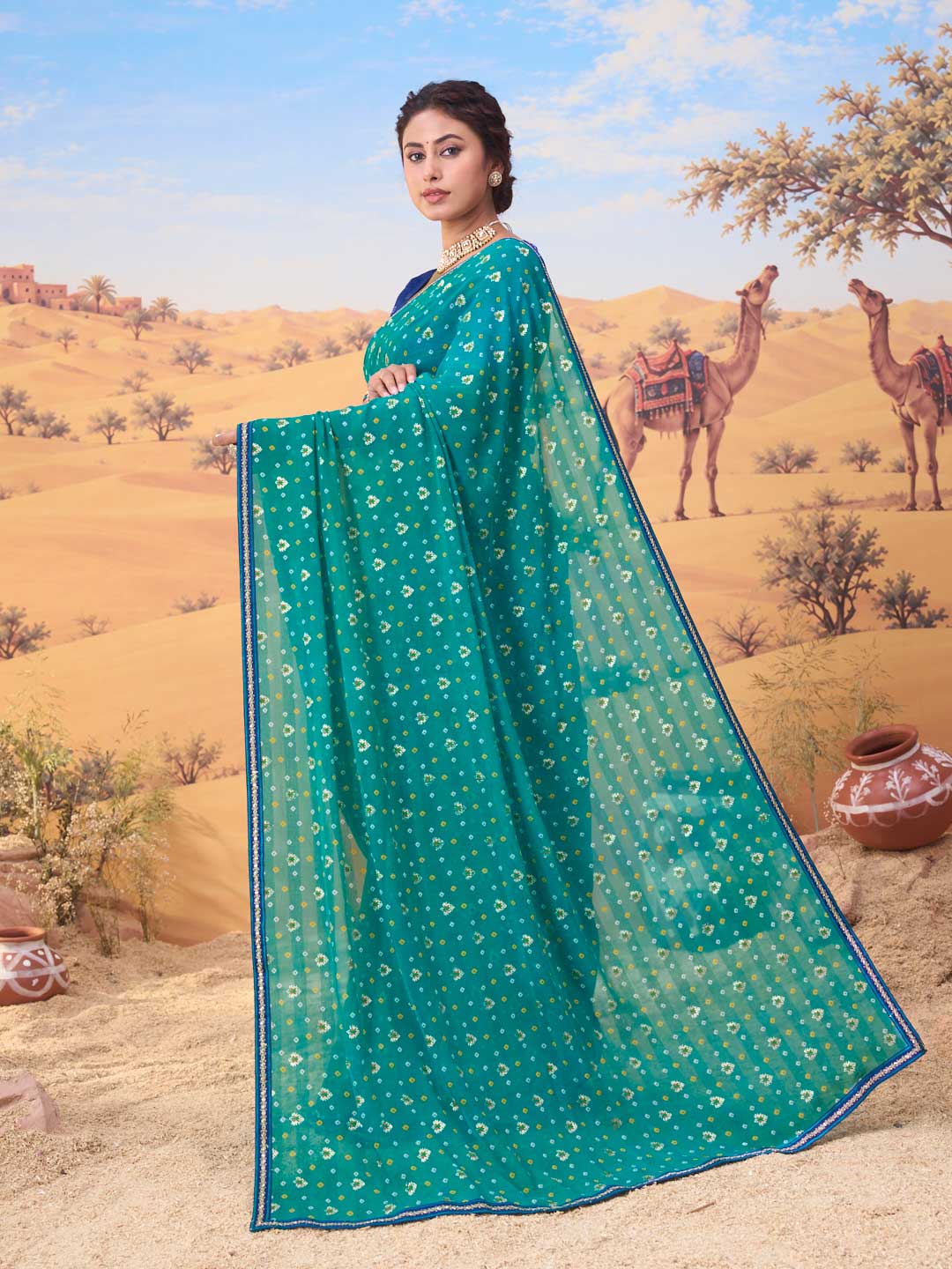 Teal Blue bandhani printed georgette saree daily wear