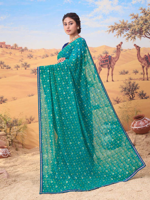 Teal Blue bandhani printed georgette saree daily wear