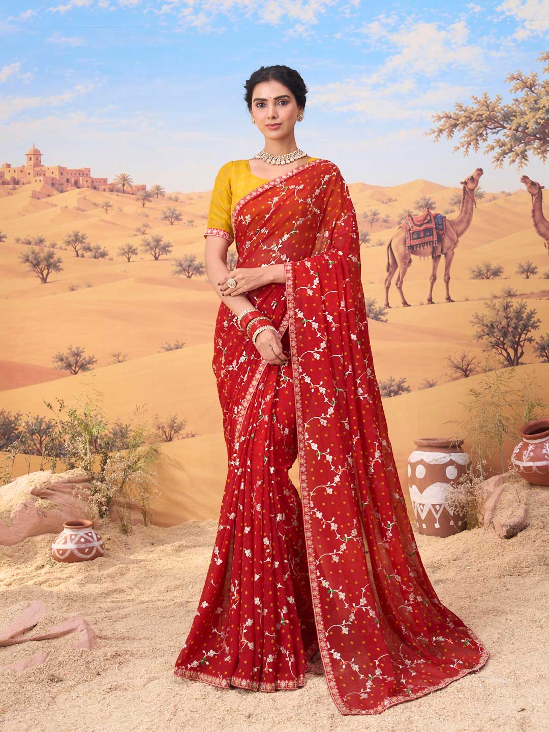 Red bandhani printed georgette saree festive wear
