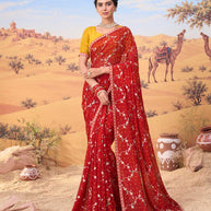 Red bandhani printed georgette saree festive wear