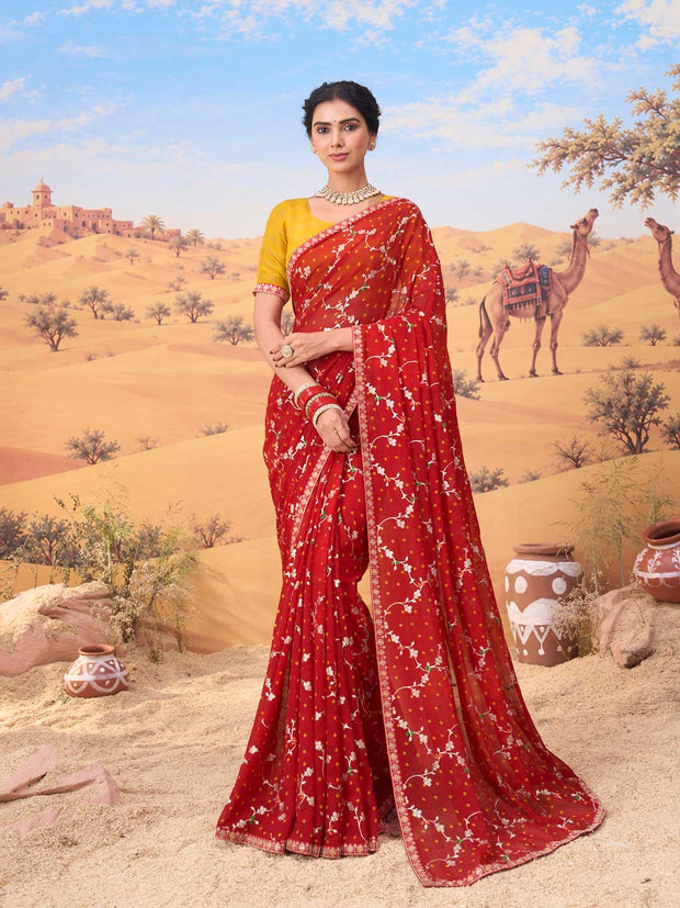 Red bandhani printed georgette saree festive wear