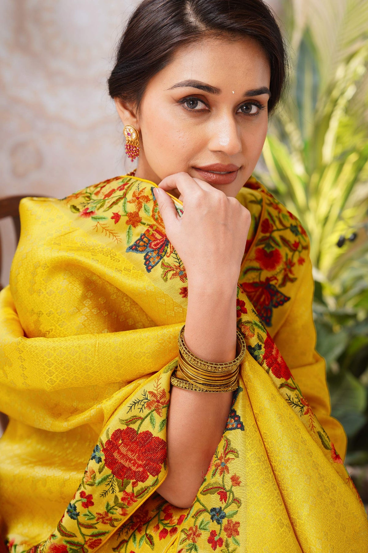 Yellow embroidered chiffon saree daily wear