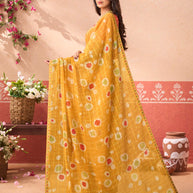 Mustard geometric printed chiffon saree festive wear