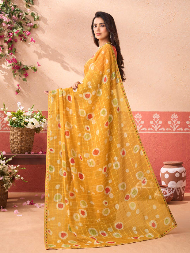 Mustard geometric printed chiffon saree festive wear