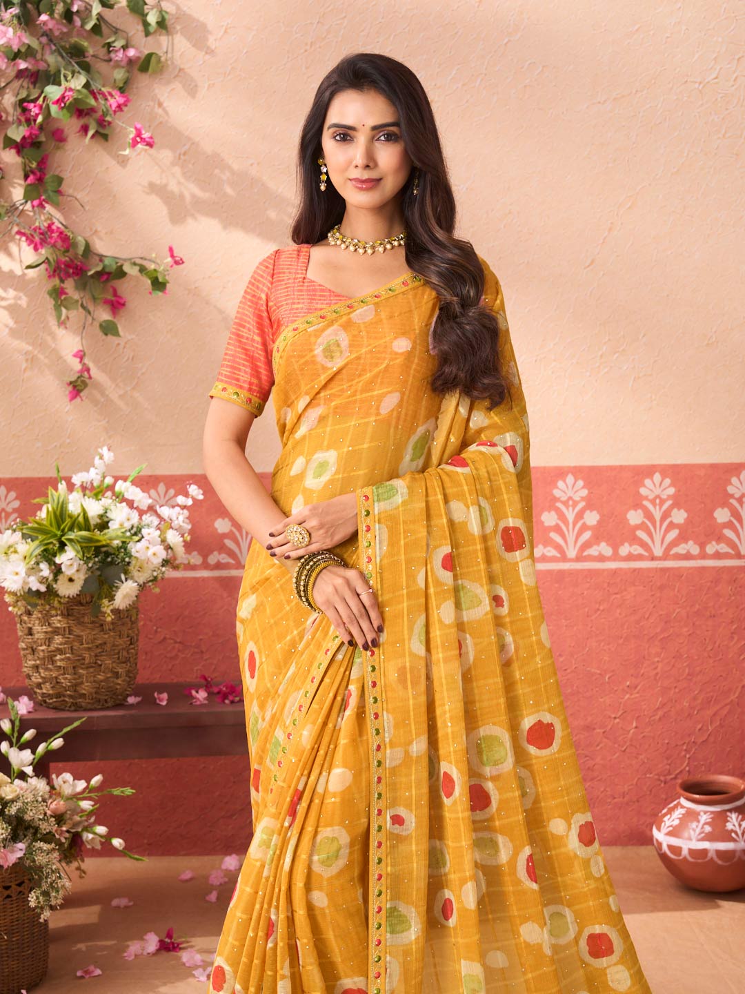 Mustard geometric printed chiffon saree wedding wear