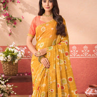 Mustard geometric printed chiffon saree wedding wear
