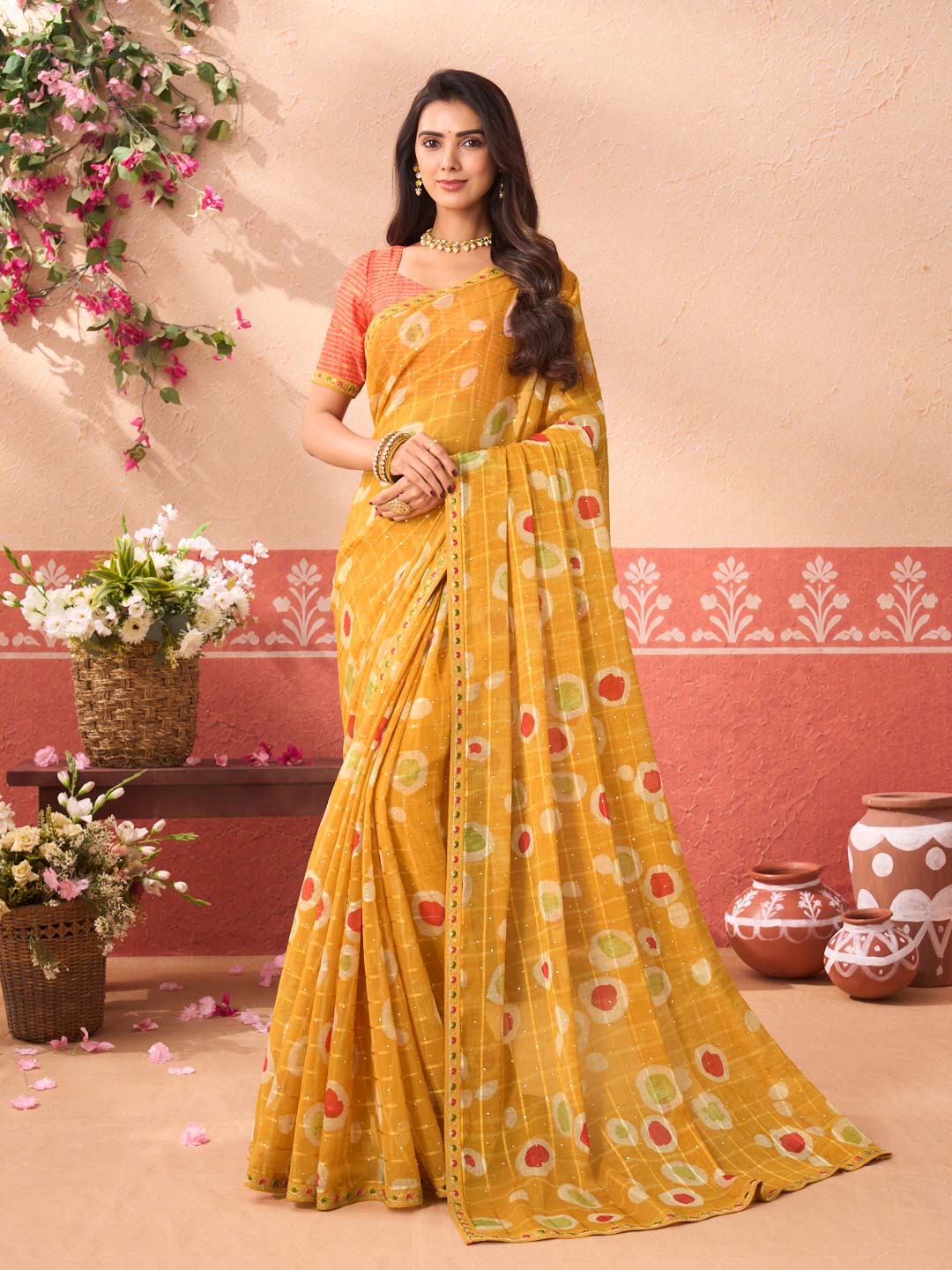 Mustard geometric printed chiffon saree daily wear