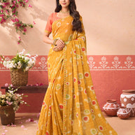 Mustard geometric printed chiffon saree daily wear