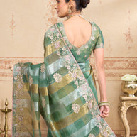 Green embroidered tissue organza saree casual wear