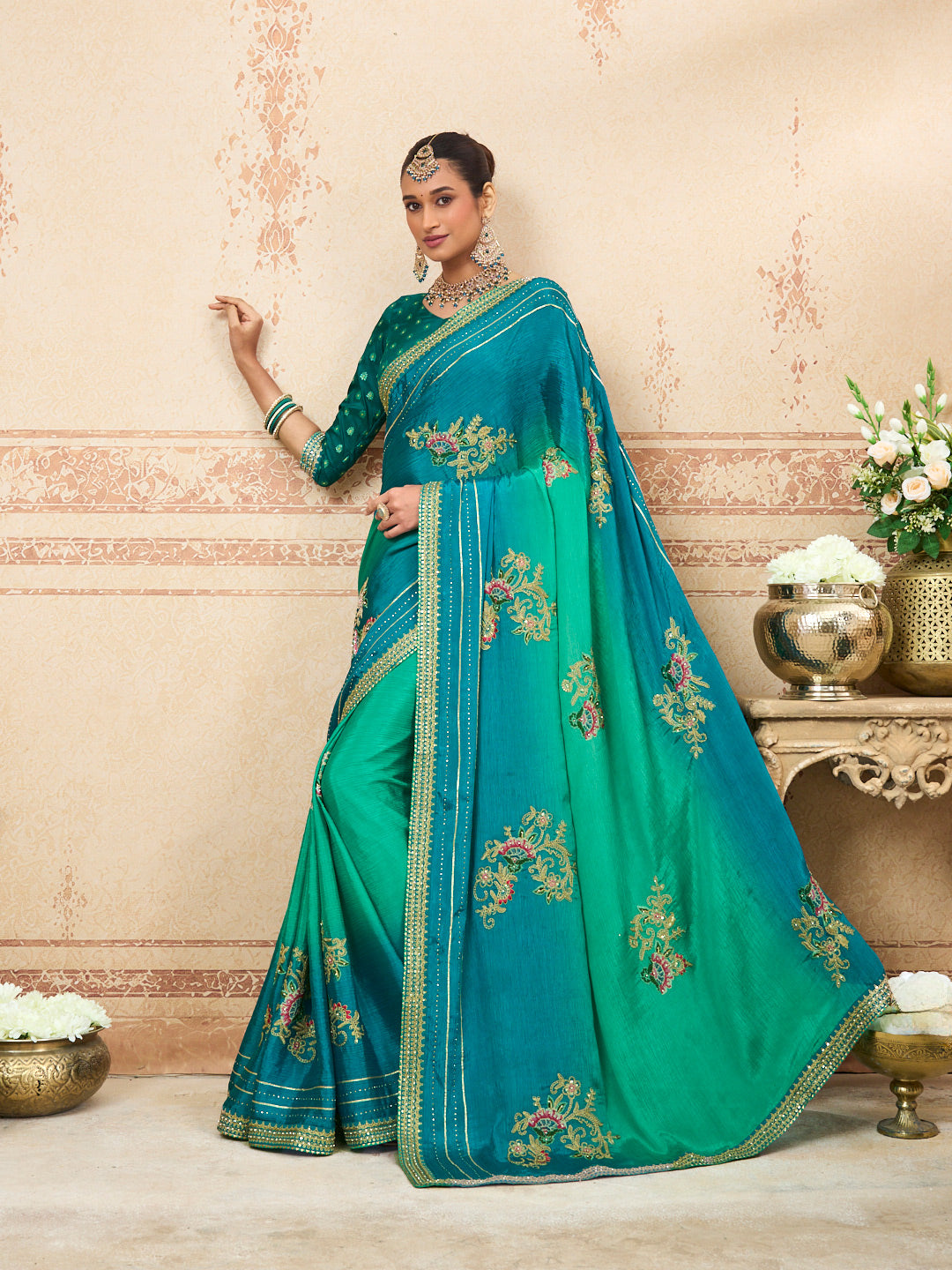 Blue floral embroidered silk blend saree festive wear