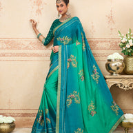 Blue floral embroidered silk blend saree festive wear