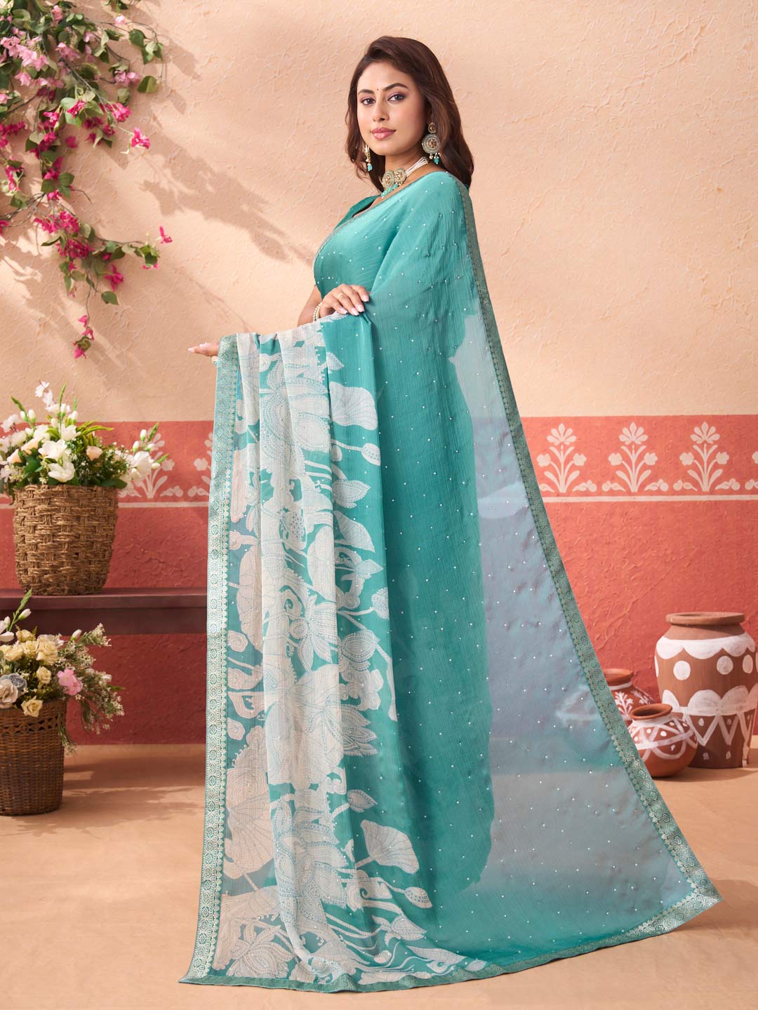 Blue floral printed silk blend saree festive wear