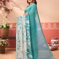 Blue floral printed silk blend saree festive wear